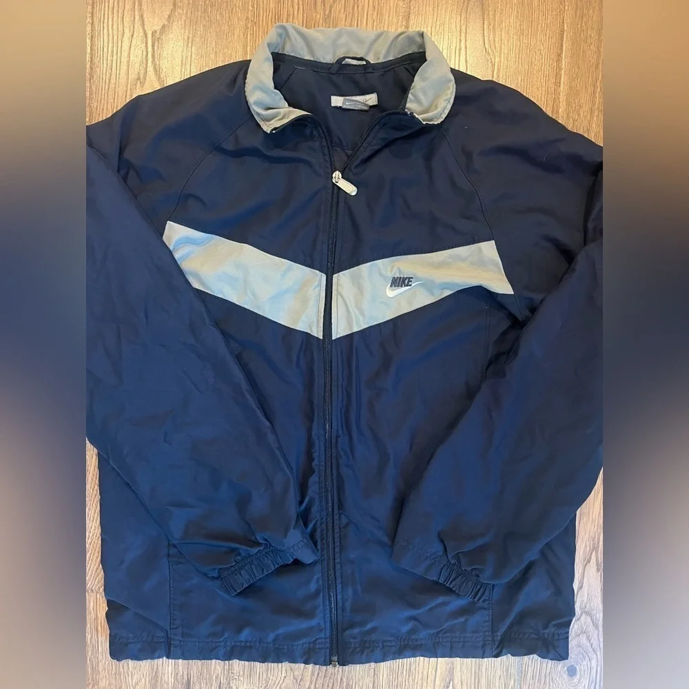 Vintage Nike Jacket Mens XL Navy Blue Full Zip Windbreaker 90s Swoosh Logo Y2K